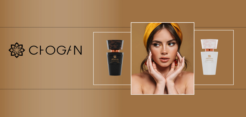 Chogan_Parf_m_Banner_eine_Frau_mit_zwei_Parf_mflakons